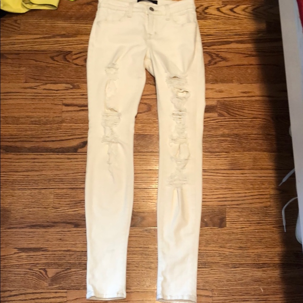 J Brand White Denim Ripped Skinny Jeans